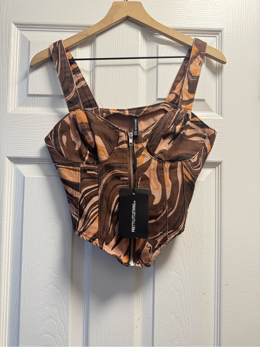 PrettyLittleThing Brown & Tan Marble Zip Corset Crop Top